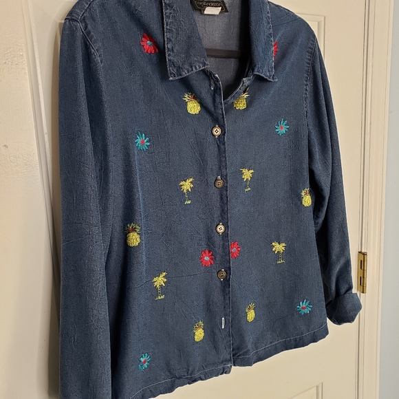 Tencel Tropical Embroidered Buttondown Retro Preppy Vacation Cruise Spring Top L - Picture 11 of 15